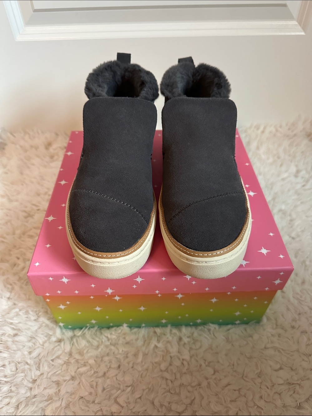 Toms Grey Suede Slip-On Sneakers with Faux Fur Lining